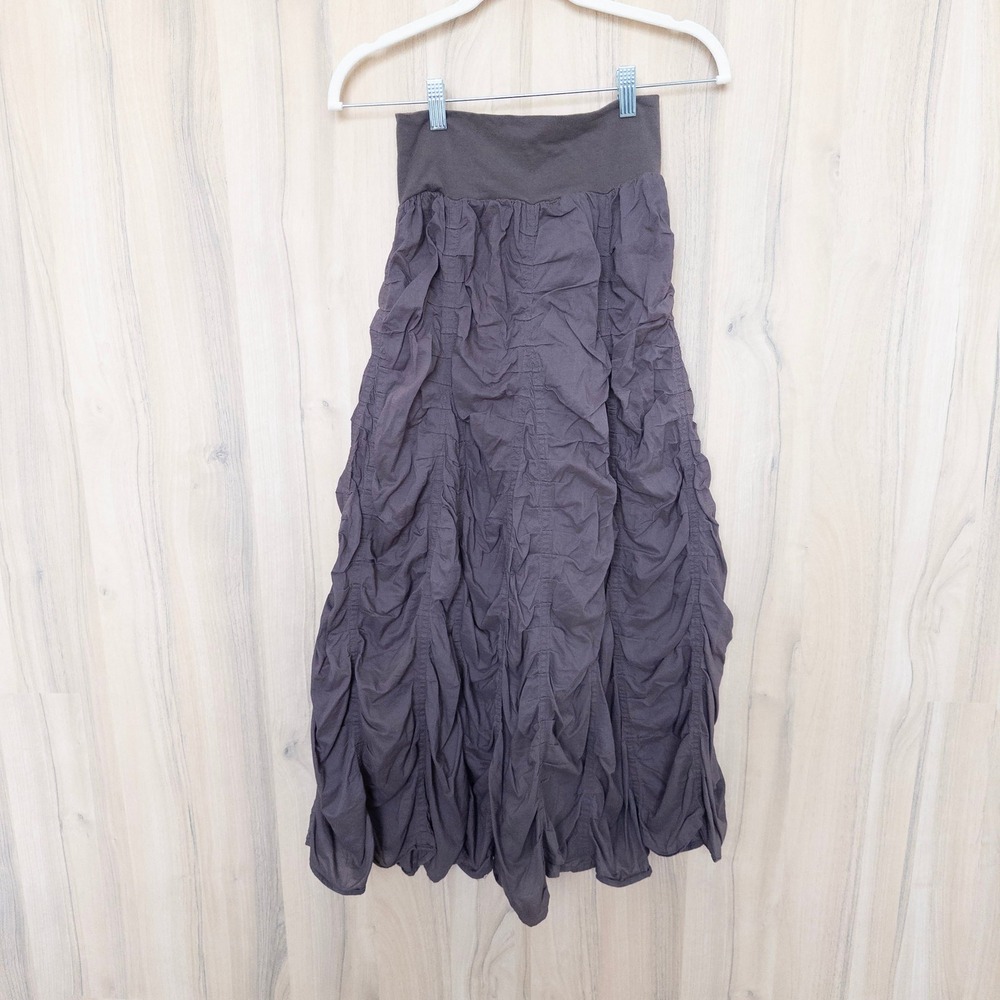 Vintage Baba Maxi Ruched Skirt S Brown Crinkle Lagenlook Boho Y2K Whimsigoth